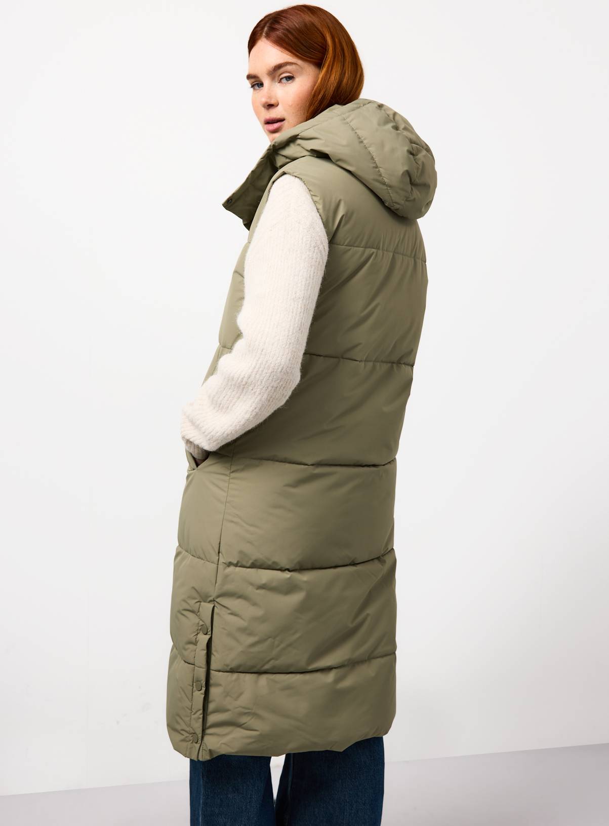 Light Khaki Longline Padded Gilet M - Image 4